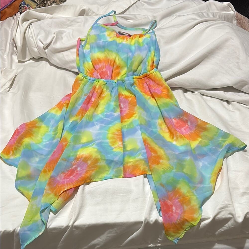 Children’s place m 7/8 Colorful Tie-Dye Dress hi low pointed hemline nwt lined